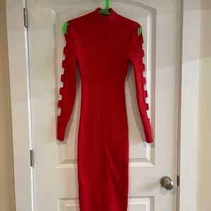 Almost Famous Red Long Sleeve Cut-Out Dress